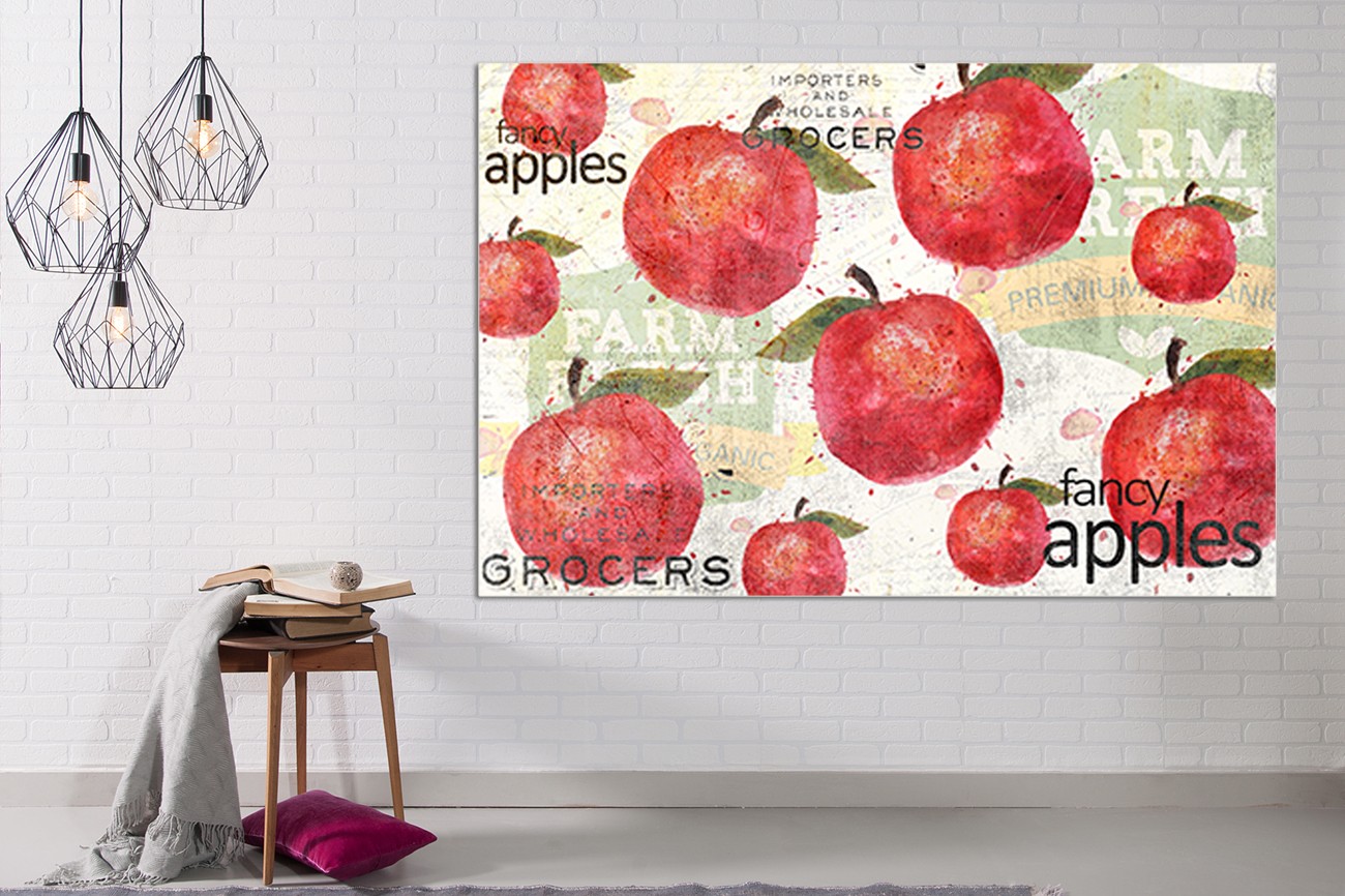 Schilderij met verschillende grote rode appels en een groen met witte achtergrond van Kimberly Allen met als titel Fancy apple op textieldoek