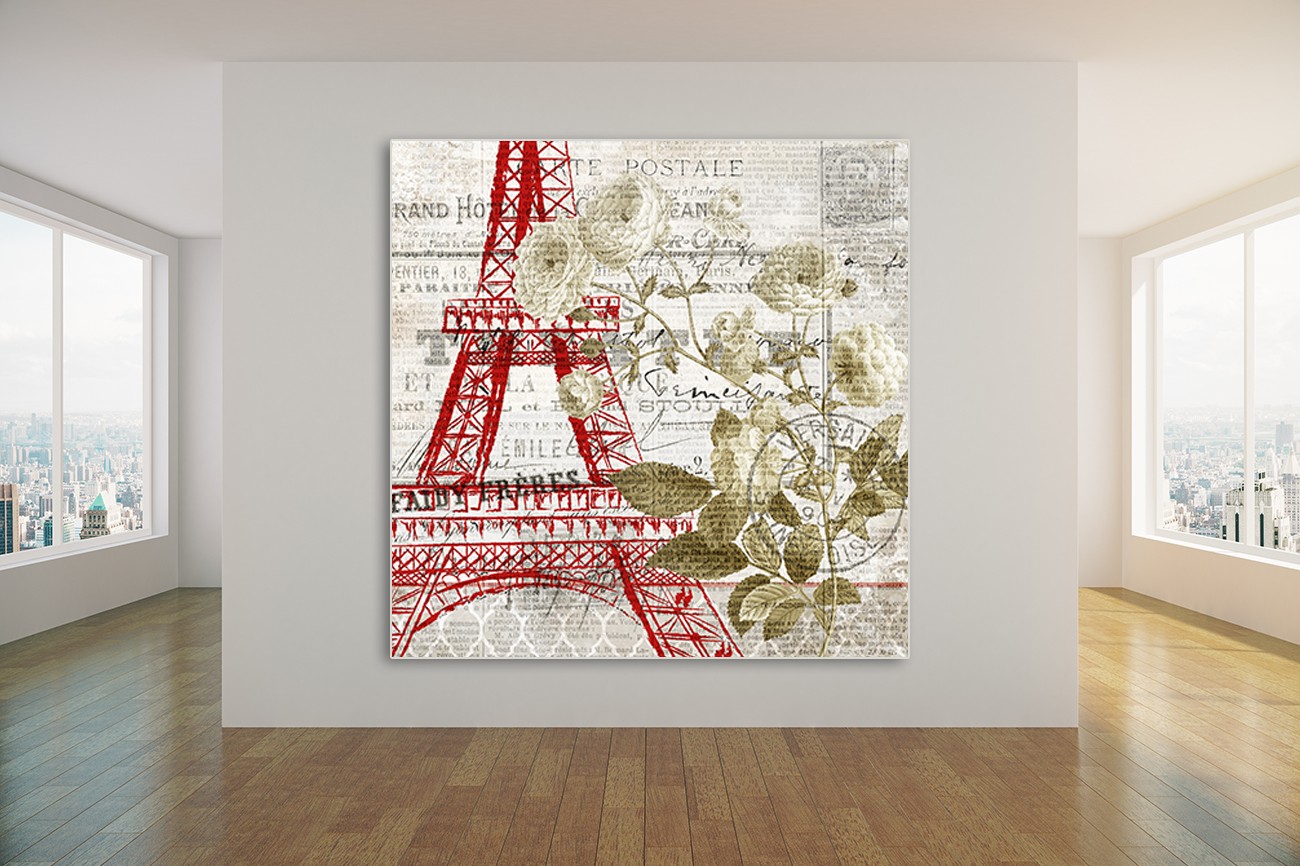 De eiffeltoren op de voorgrond in het rood met op de achtergrond tekst en een mooie bloem aan de zijkant van Kimberly Allen met als titel Paris script series 4 op textieldoek.