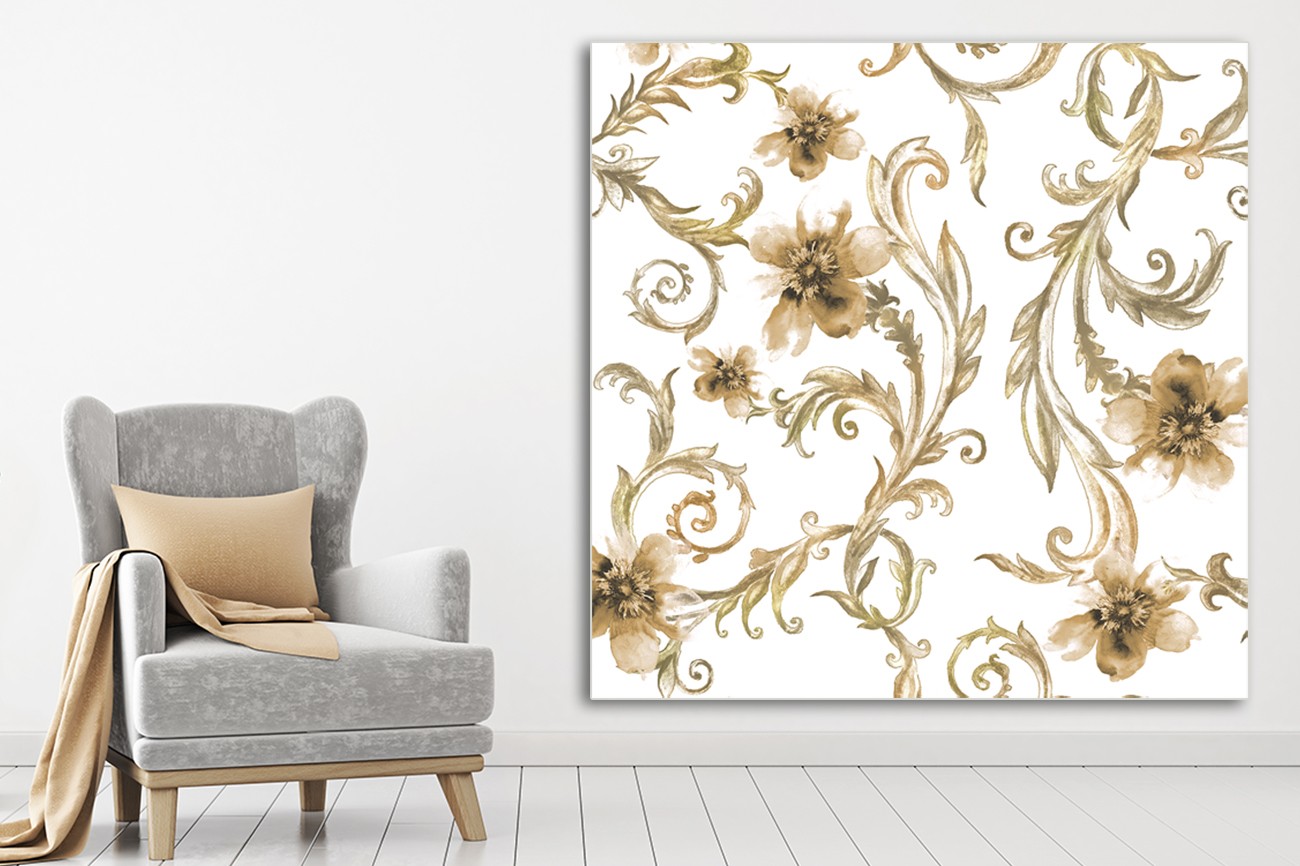 Licht schilderij met geel/goude bloemen met stengel op een witte achtergrond van Victoria Brown met als titel Flair II op textieldoek.