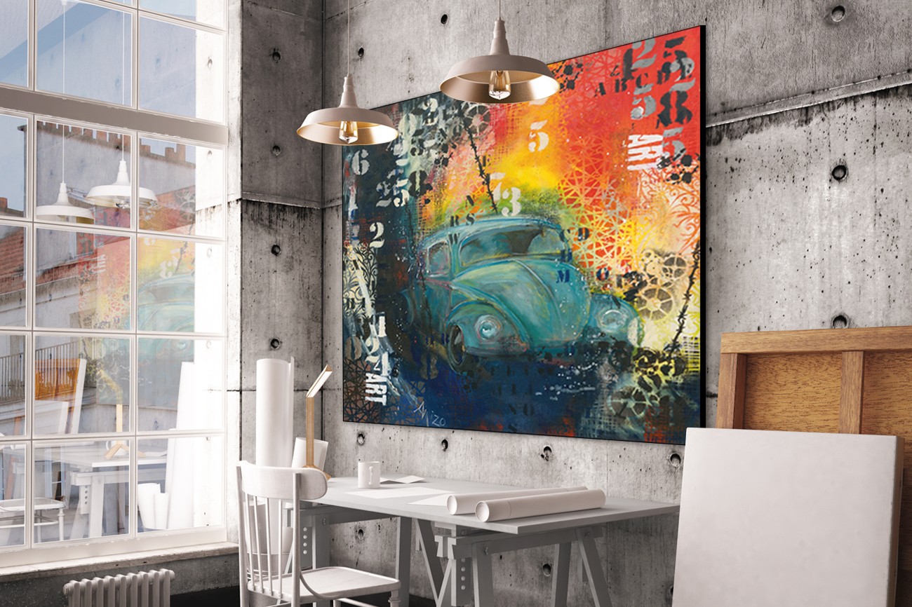 Schilderachtige oude auto tussen veel verschillende kleuren van Mizo met als titel Pop beelte op textieldoek.