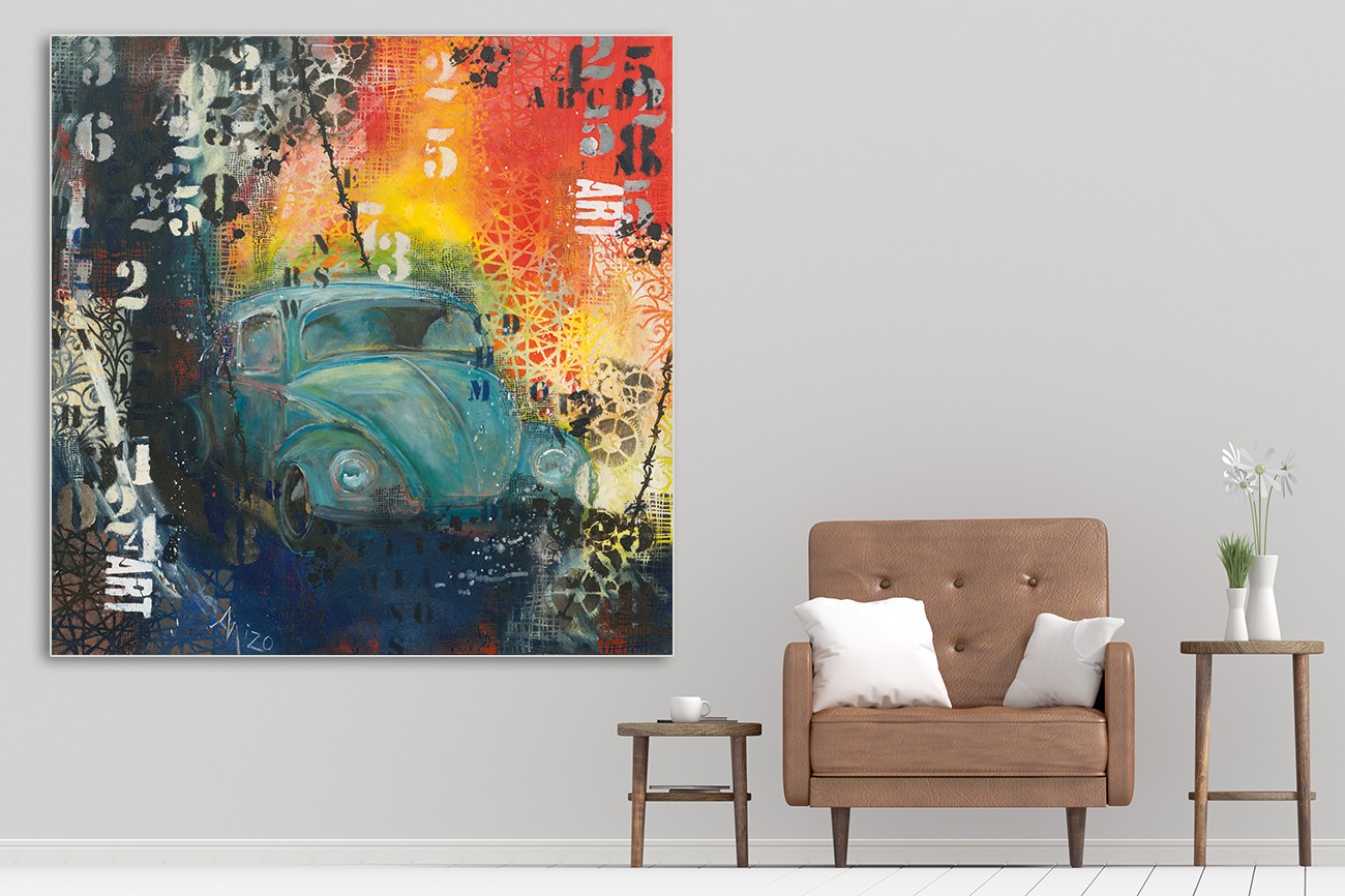 Schilderachtige oude auto tussen veel verschillende kleuren van Mizo met als titel Pop beelte op textieldoek.