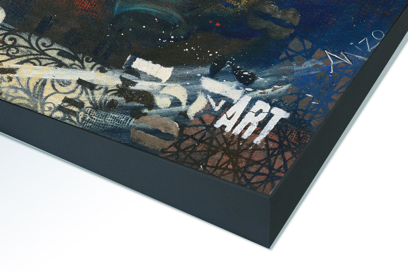 Close up textieldoek in frame gemonteerd zwart