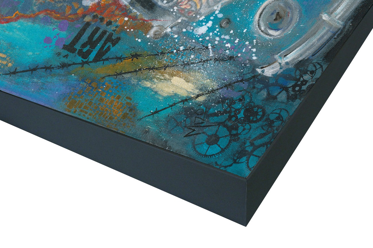 Close up textieldoek in frame gemonteerd zwart