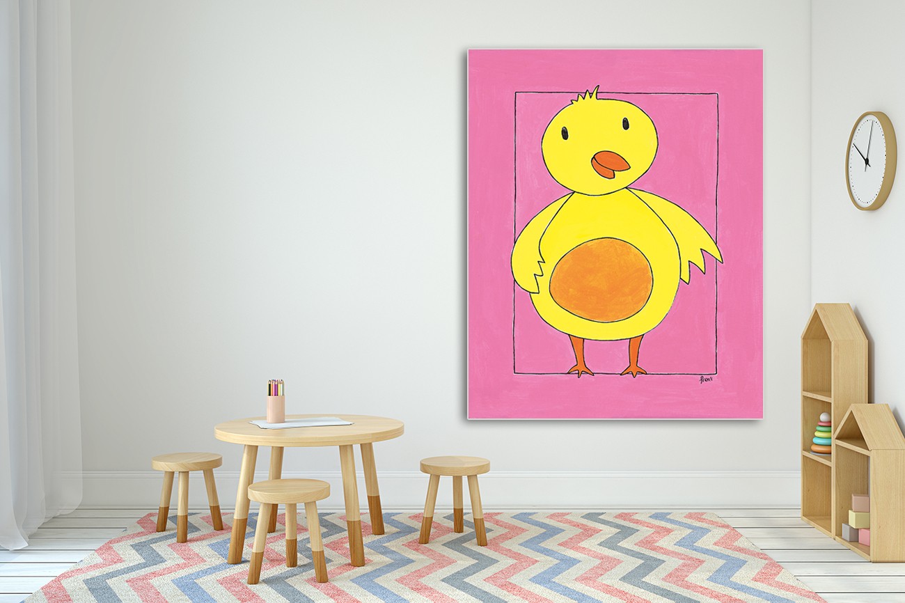 Gele met oranje kip op velle roze achtergrond van Francis Veroude met als titel Chicken op textieldoek.