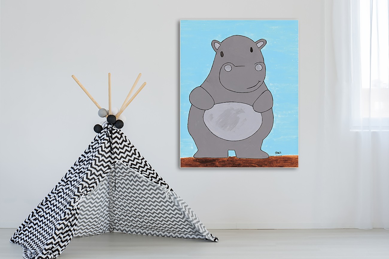 Kinderlijk nijlpaard voor op een kinderkamer van Francis Veroude met als titel Hypopotamus op textieldoek