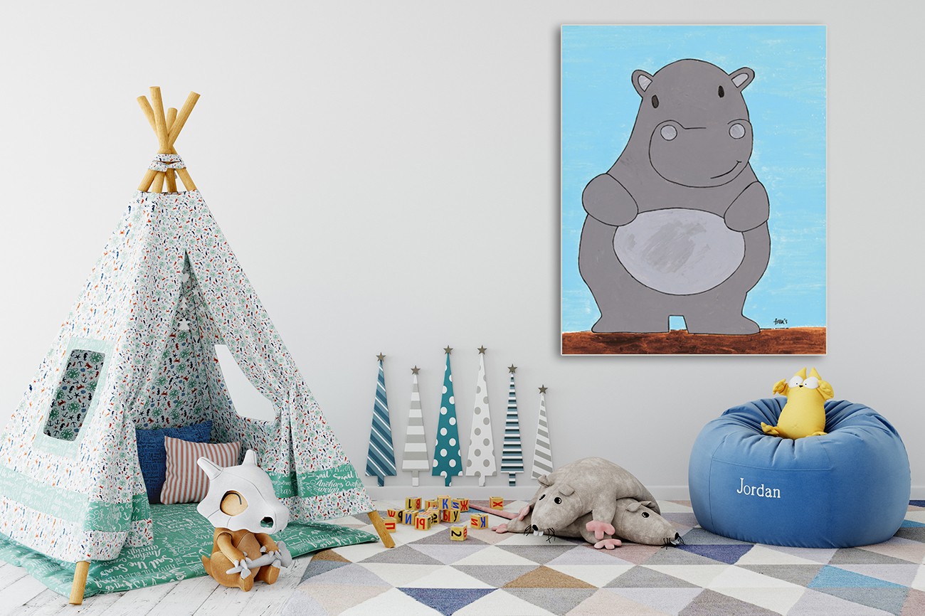 Kinderlijk nijlpaard voor op een kinderkamer van Francis Veroude met als titel Hypopotamus op textieldoek