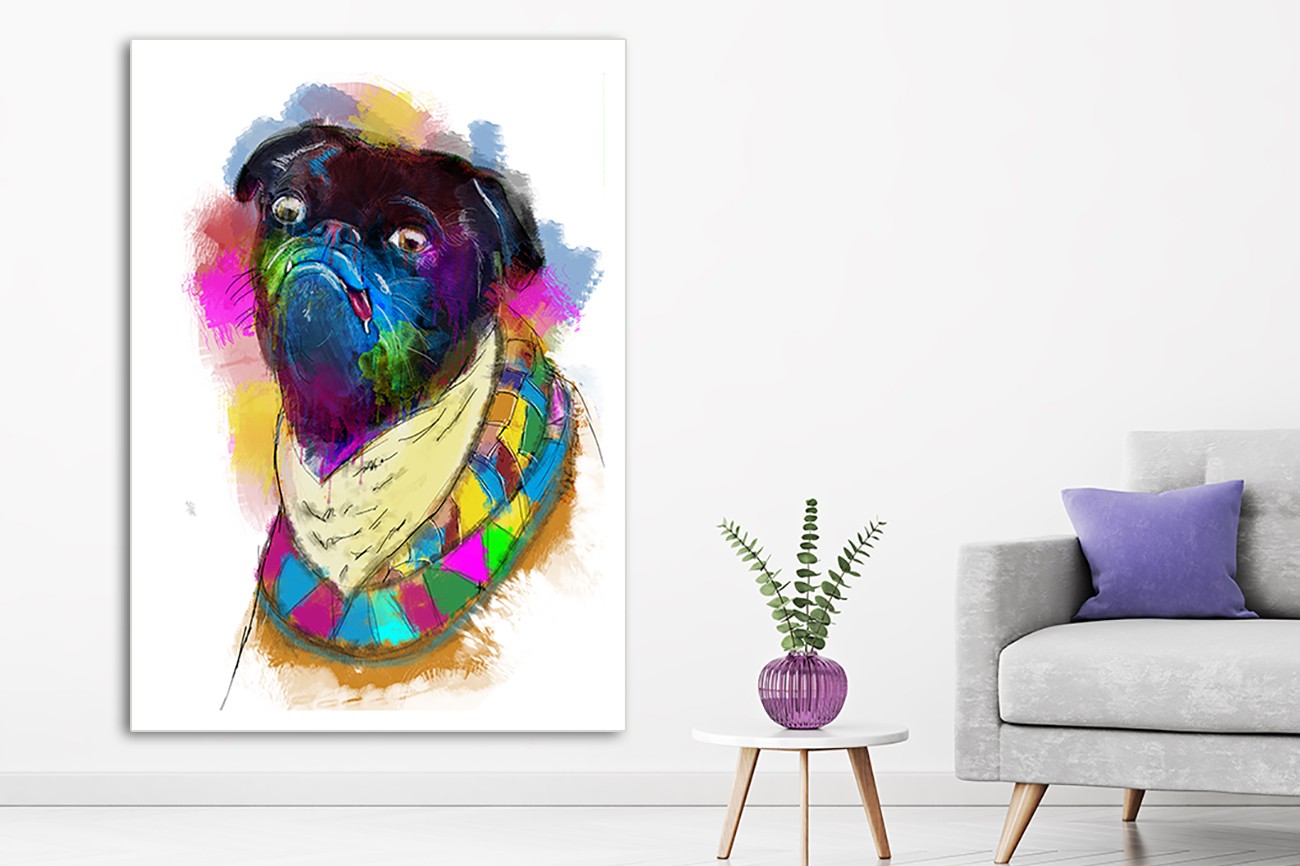 Zwarte hond met kleuren halsband van Sander van Laar met als titel Dog op textieldoek