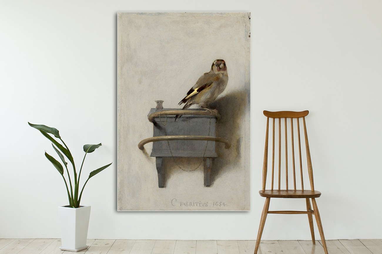 Klassiek beeld van het puttertje van Carel Fabritius met als titel Goldfinch op textieldoek, verkrijgbaar in verschillende zeer grote formaten, inclusief textiel frame.
