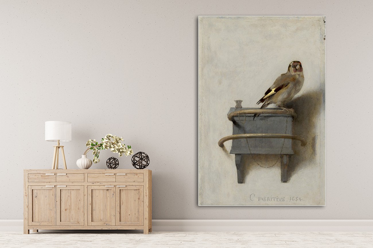 Klassiek beeld van het puttertje van Carel Fabritius met als titel Goldfinch op textieldoek, verkrijgbaar in verschillende zeer grote formaten, inclusief textiel frame.