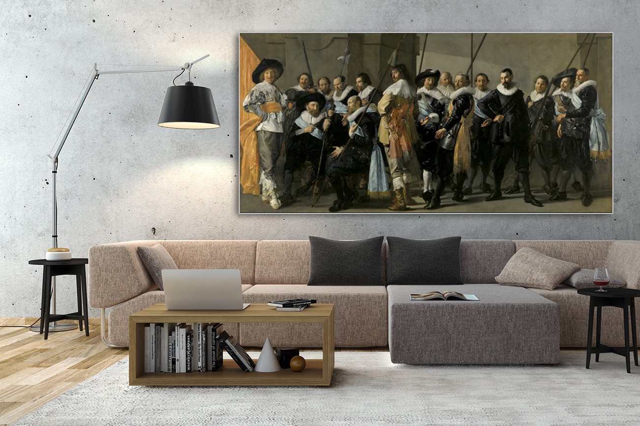 Textieldoek met de magere compagnie van Frans Hals met als titel The meagre company op textieldoek, verkrijgbaar in verschillende zeer grote formaten, inclusief textiel frame.