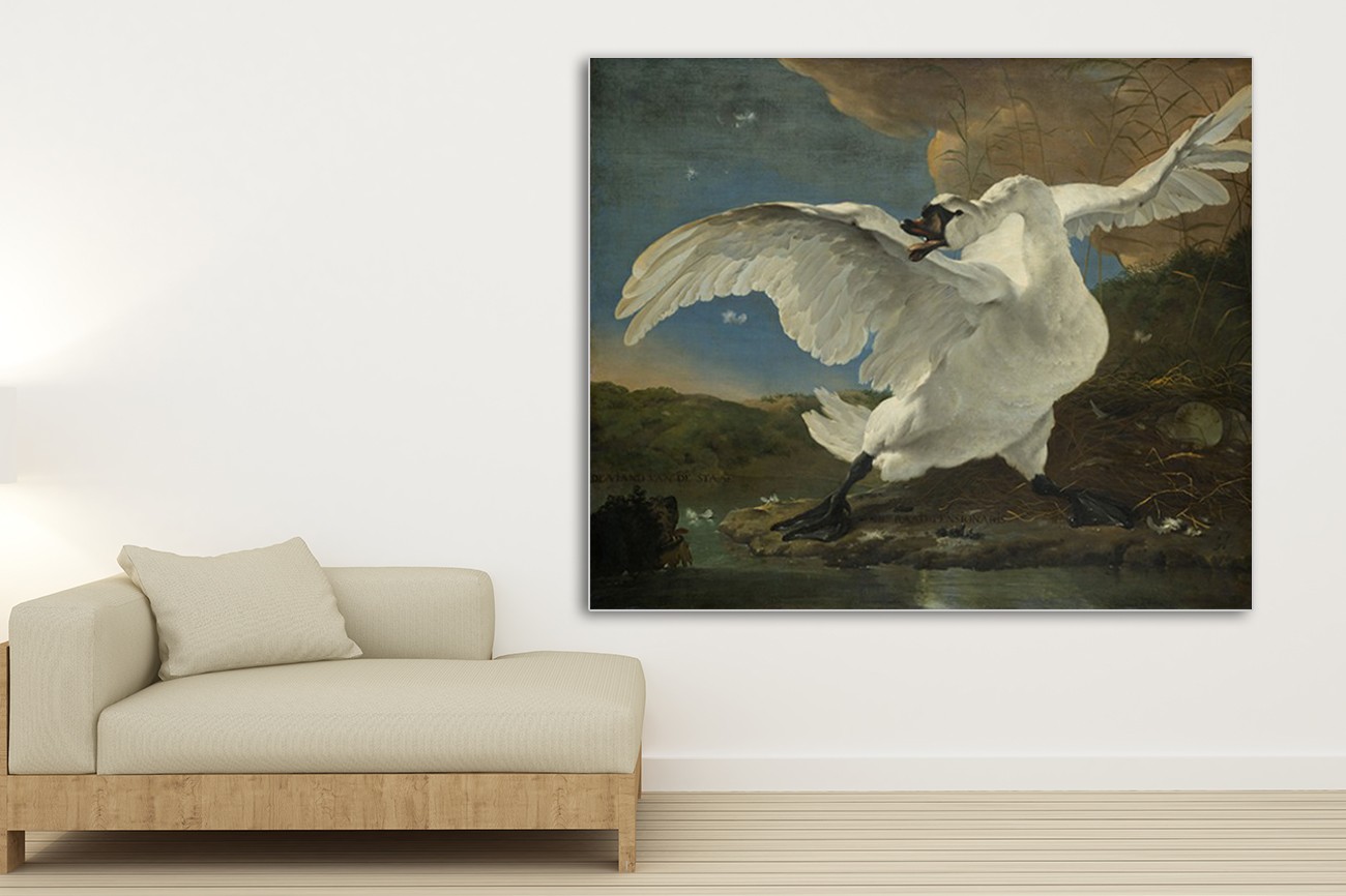 Grote zwaan op de voorgrond van Jan Asselijn met als titel De bedreigende zwaan op textieldoek, verkrijgbaar in verschillende zeer grote formaten, inclusief textiel frame.