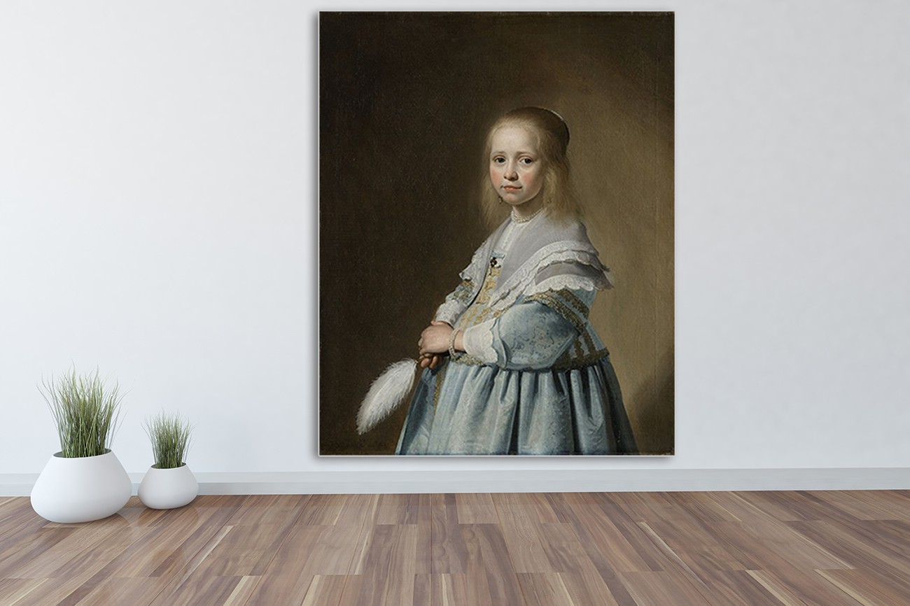Portret van Johannes Cornelisz Verspronck met als titel Portret van een meisje in het blauw op textieldoek. Verkrijgbaar in verschillende zeer grote formaten, inclusief textiel frame.