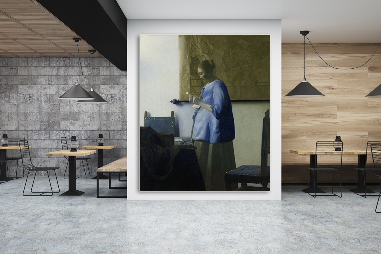 Schilderij van Johannes Vermeer met als titel brieflezende vrouw op textieldoek.Verkrijgbaar in verschillende zeer grote formaten, inclusief textiel frame.