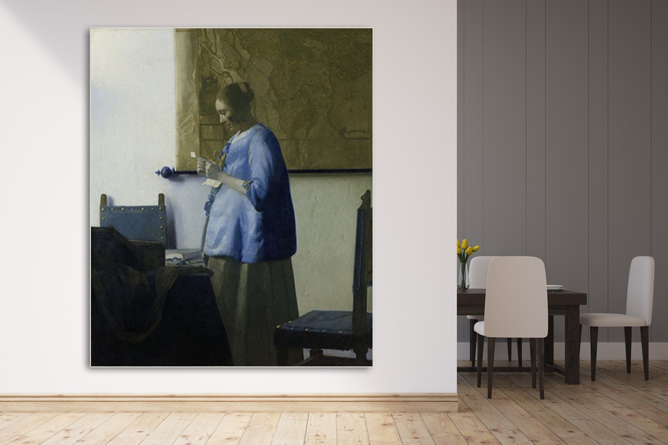 Schilderij van Johannes Vermeer met als titel brieflezende vrouw op textieldoek.Verkrijgbaar in verschillende zeer grote formaten, inclusief textiel frame.