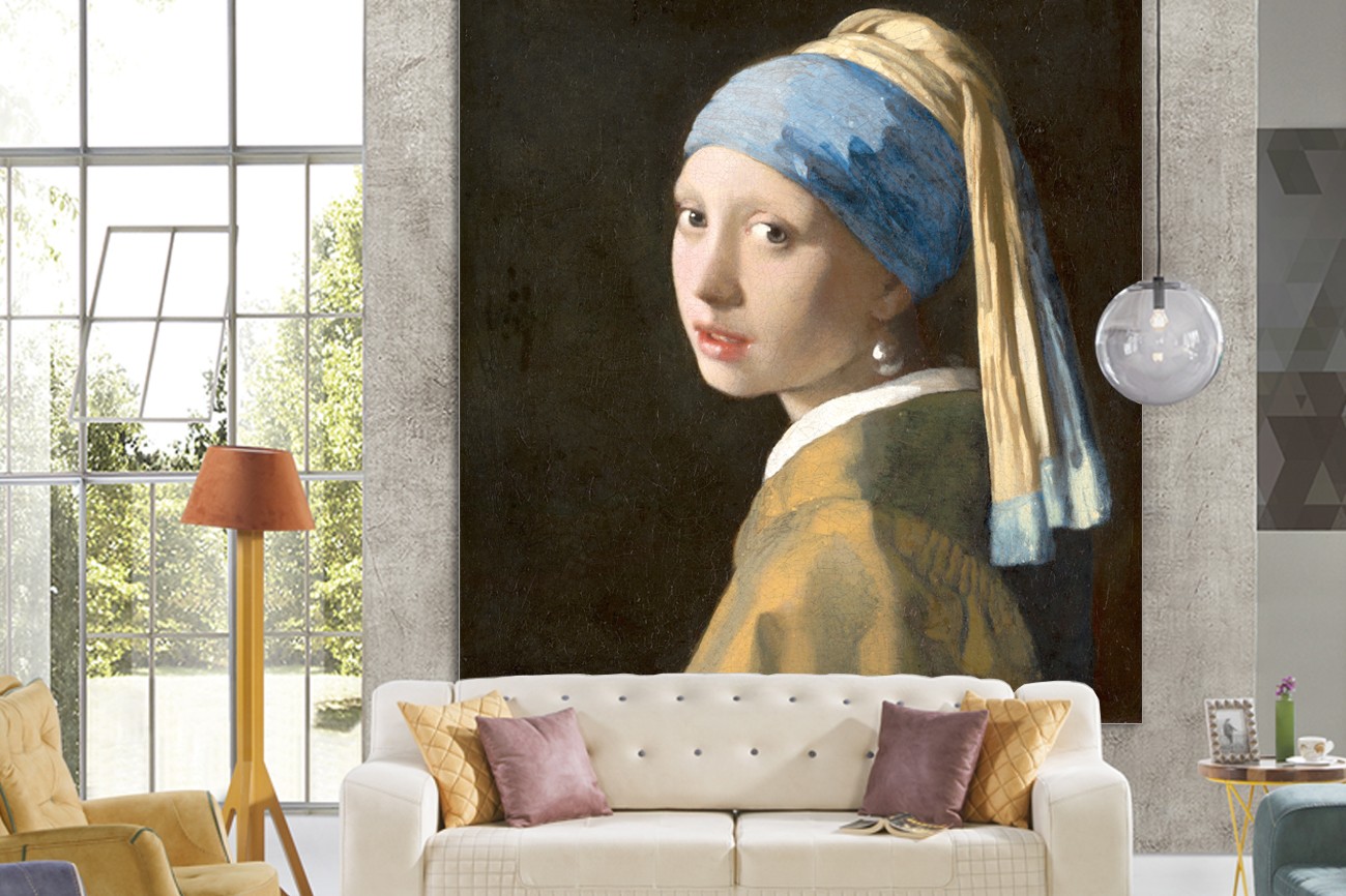 Schilderij van Johannes Vermeer met als titel Meisje met de parel op textieldoek. Verkrijgbaar in zeer grote verschilende formaten, inclusief textiel frame.