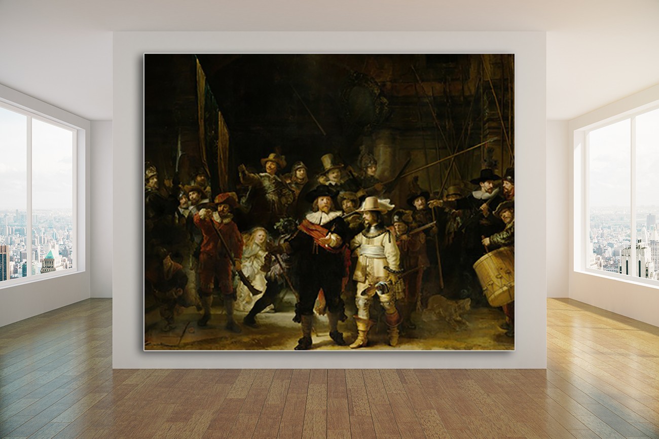 Super bekend schilderij van Rembrandt van Rijn met als titel De nachtwacht. Verkrijgbaar in zeer grote verschillende formaten, inclusief textiel frame.