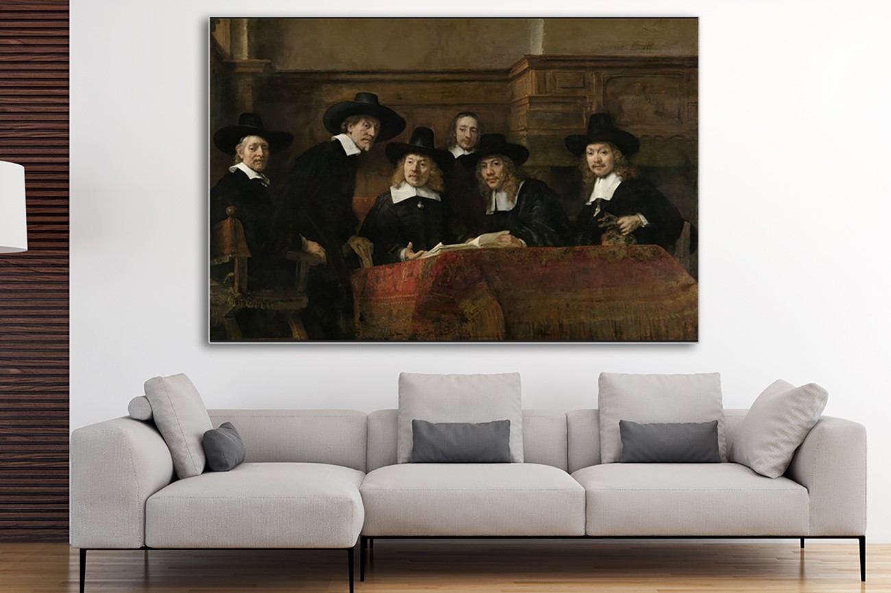 De staalmeesters op textieldoek van Rembrandt van Rijn. Verkrijgbaar in verschillende zeer grote formaten, inclusief textiel frame.