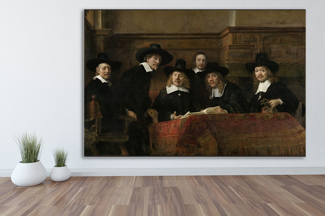 De staalmeesters op textieldoek van Rembrandt van Rijn. Verkrijgbaar in verschillende zeer grote formaten, inclusief textiel frame.