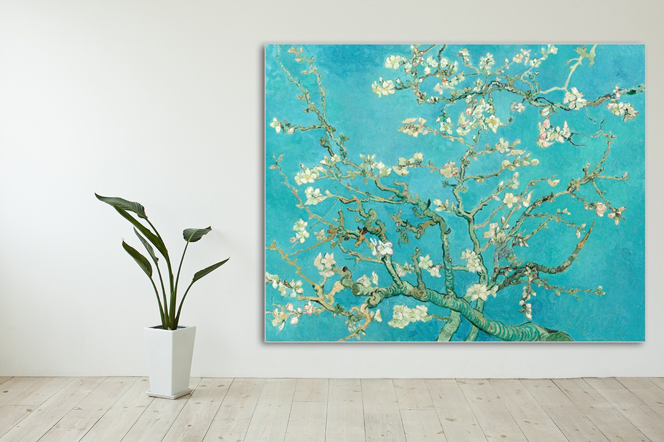 Kleurrijk schilderij van Vincent van Gogh met als titel Amandelbloemsel op textieldoek. Verkrijgbaar in verschillende zeer grote formaten, inclusief textiel frame.