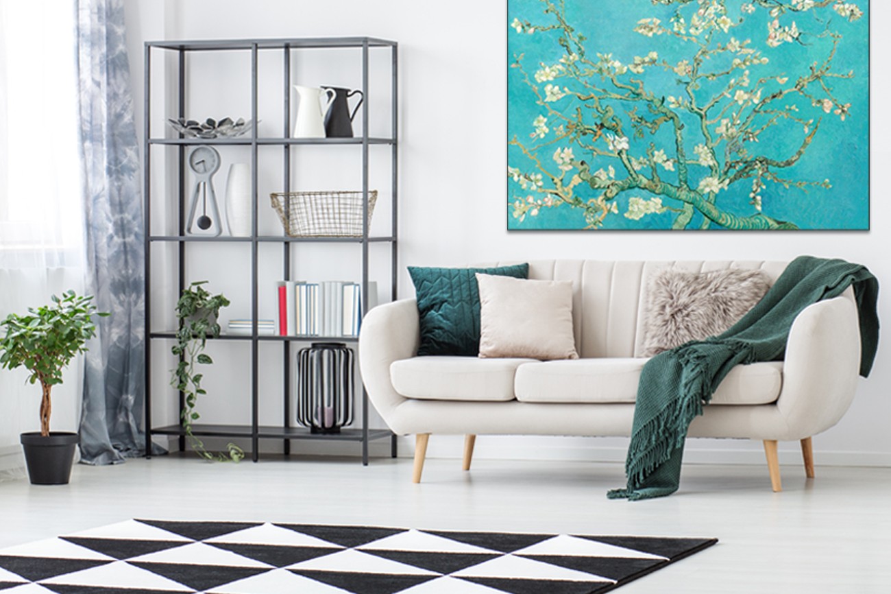 Kleurrijk schilderij van Vincent van Gogh met als titel Amandelbloemsel op textieldoek. Verkrijgbaar in verschillende zeer grote formaten, inclusief textiel frame.