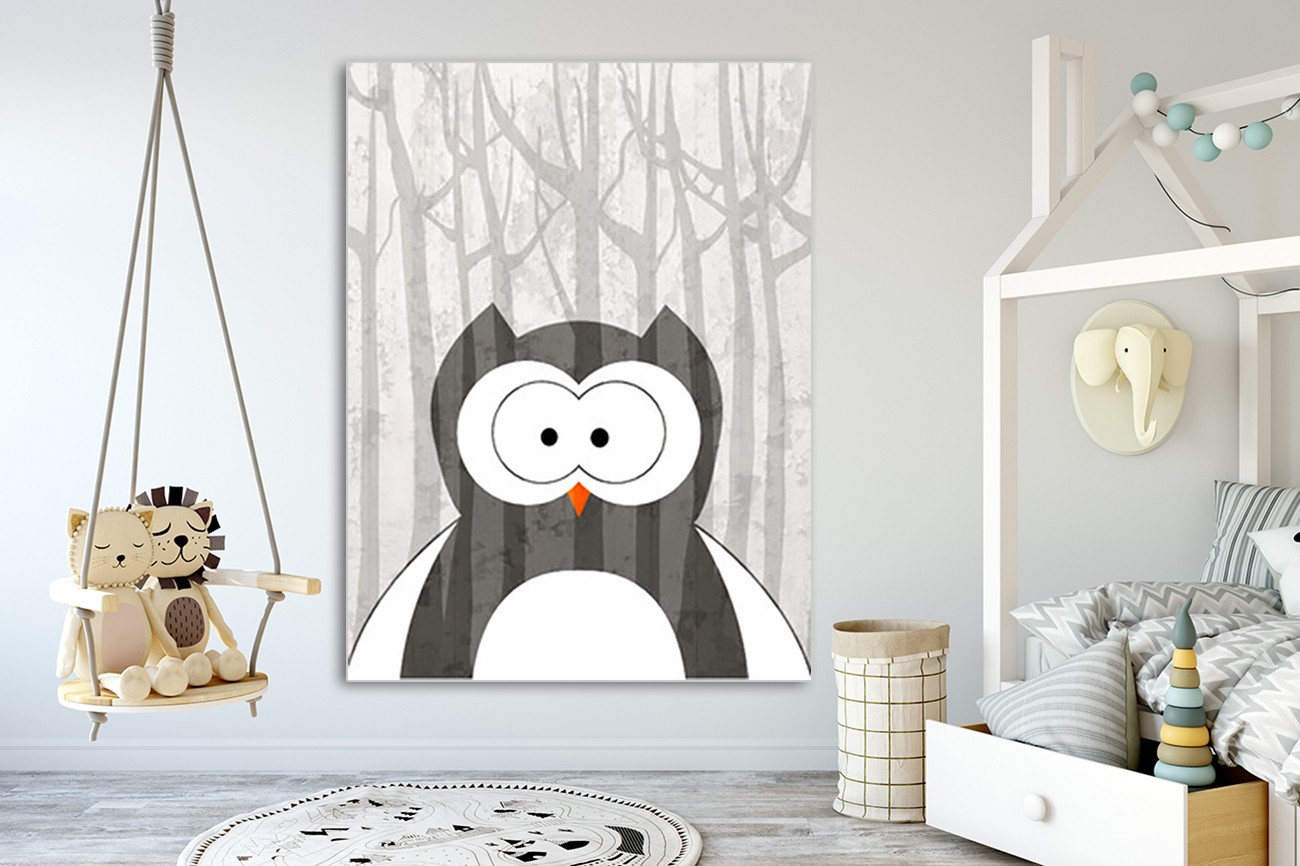 Schattige uil van Kimberly Allen met als titel Woodland owl textieldoek. Leuk voor bijvoorbeeld in een kinderkamer en verkrijgbaar in verschillende zeer grote formaten, inclusief textiel frame.