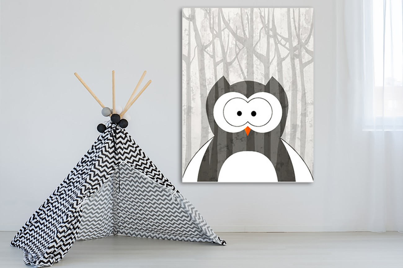 Schattige uil van Kimberly Allen met als titel Woodland owl textieldoek. Leuk voor bijvoorbeeld in een kinderkamer en verkrijgbaar in verschillende zeer grote formaten, inclusief textiel frame.