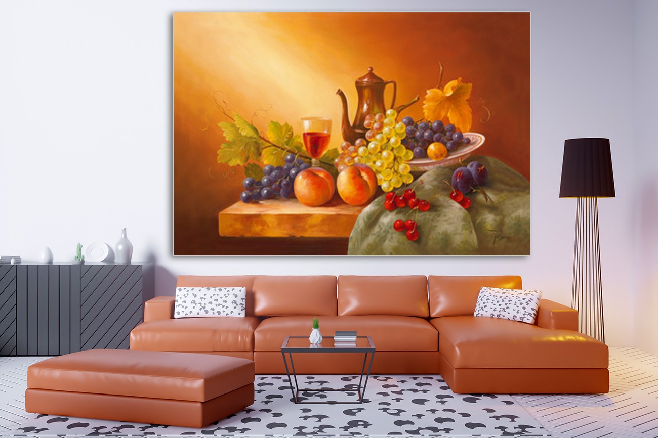 Mooi schilderij met verschillende fruitsoorten van Fasansi met als titel Still life with fruits I op textieldoek. Verkrijgbaar in verschillende zeer grote formaten, inclusief textiel frame.