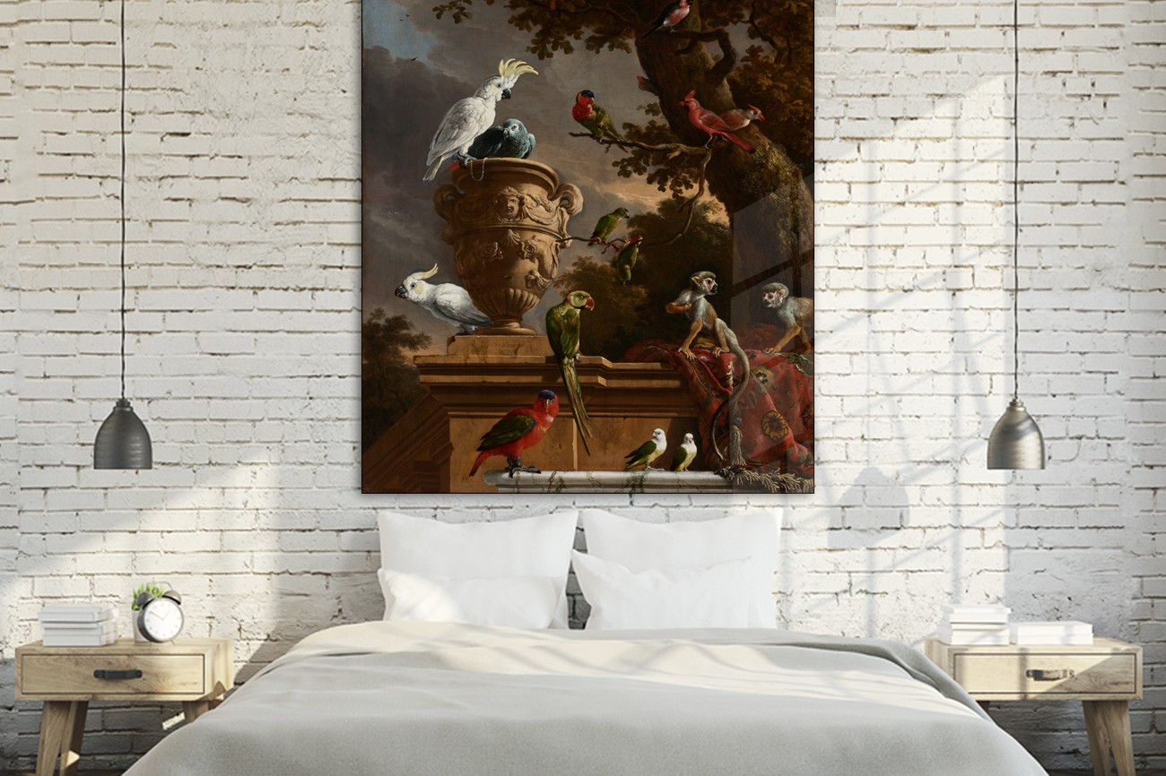 Klassiek schilderij met verschillende dieren met als titel De menagerie op textieldoek van Melchior d' Hondecoester. Verkrijgbaar in zeer grote verschillende formaten, inclusief textiel fram.