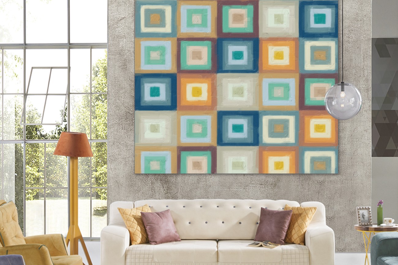 Prachtig schilderij met verschillende vierkantjes van Taylor Greene met als titel Magic Square I op textieldoek.