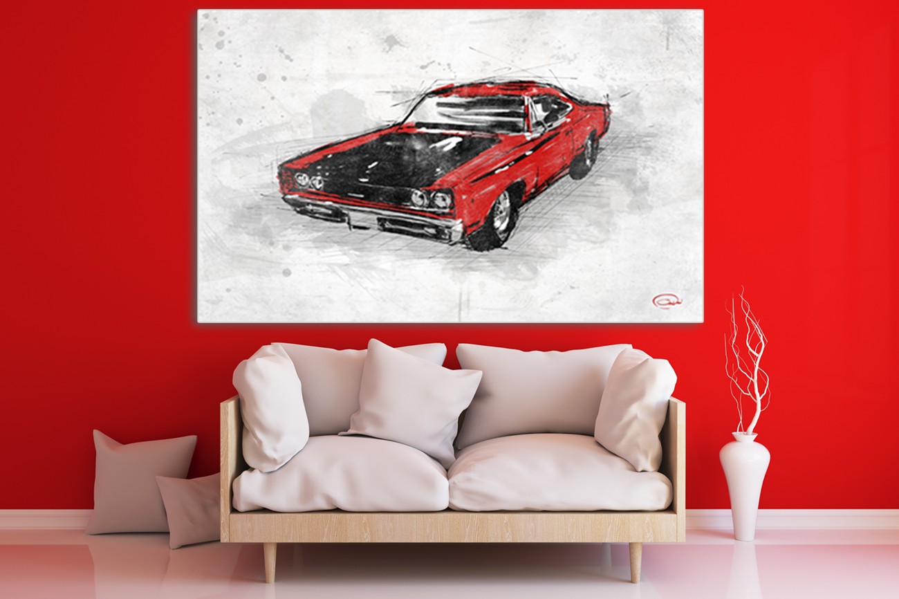 Prachtige oude rode auto van Onrei met als titel Muscle car I op textieldoek.