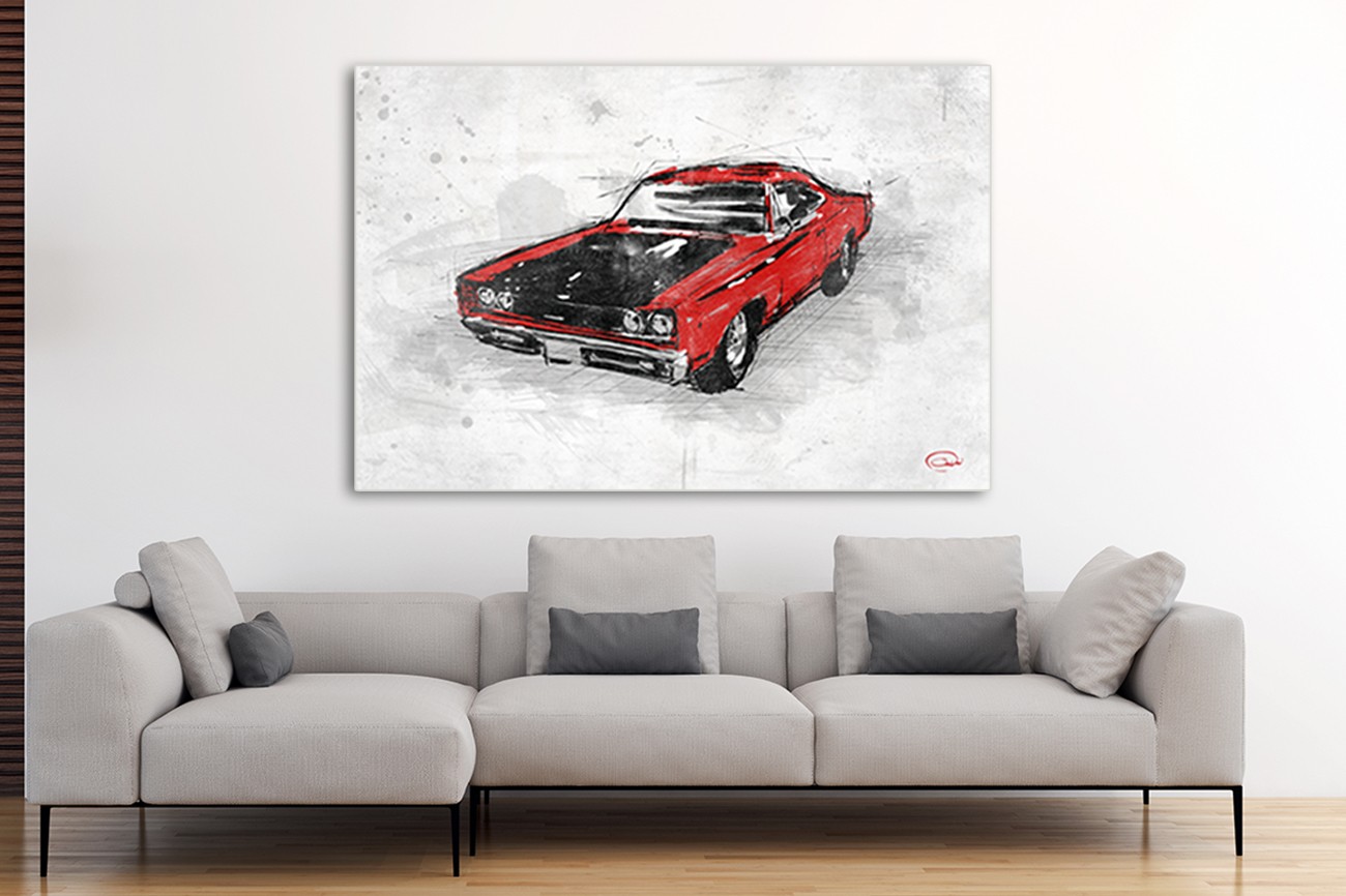 Prachtige oude rode auto van Onrei met als titel Muscle car I op textieldoek.