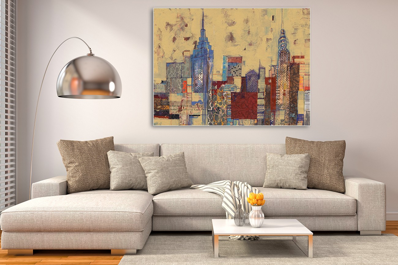 Mooi plaatje geschilderd van de gebouwen van New york van Smith Haynes met als titel Empire state building II op textieldoek.