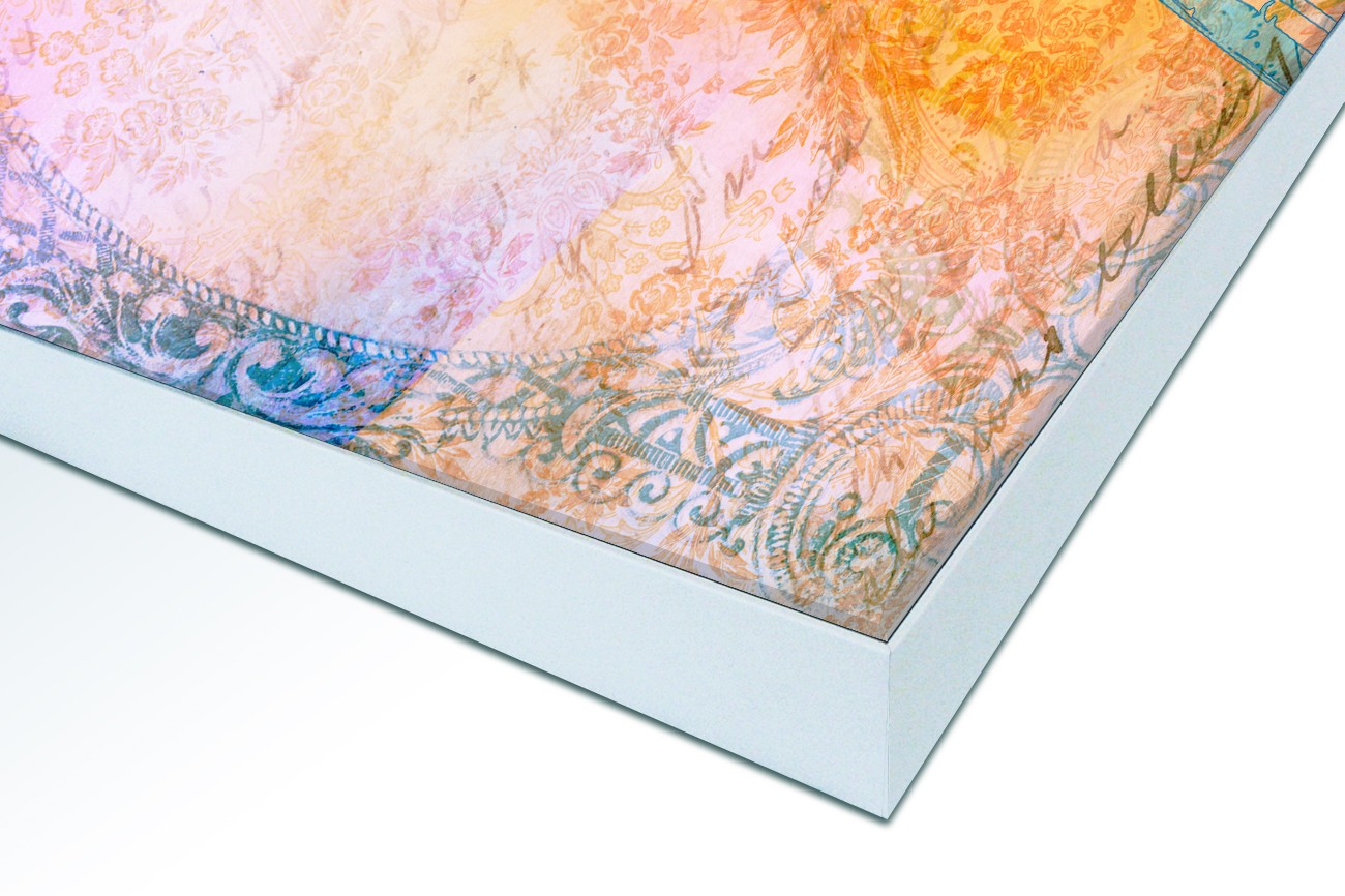 Close up textieldoek in frame gemonteerd wit