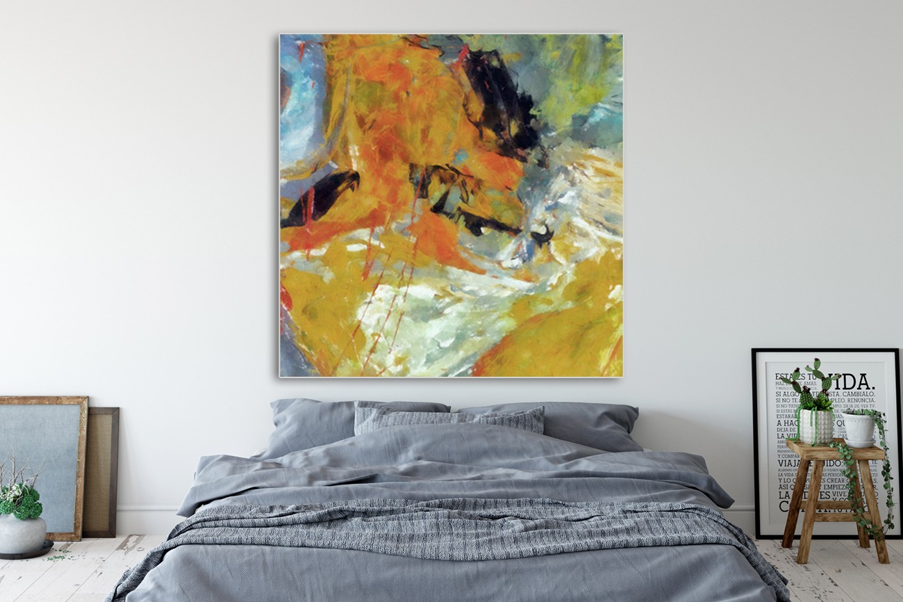 Schilderij met verschillende kleuren mooi gemengd door elkaar van Taylor Greene met als titel Stigma I op textieldoek.