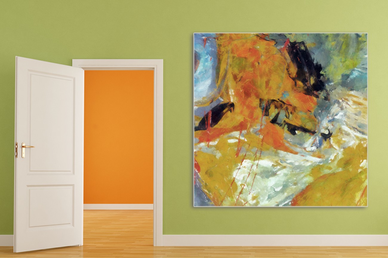 Schilderij met verschillende kleuren mooi gemengd door elkaar van Taylor Greene met als titel Stigma I op textieldoek.