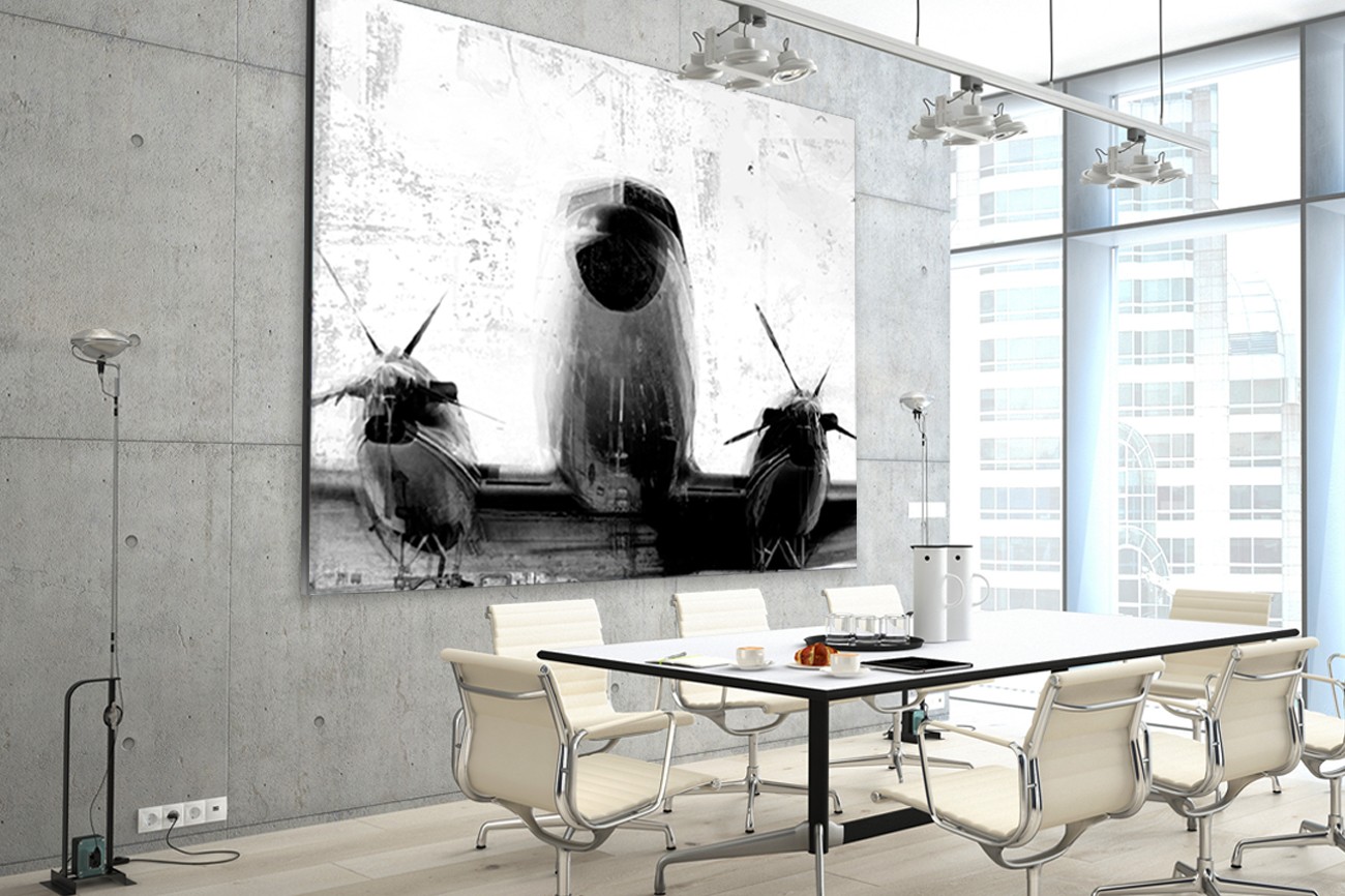 Vliegtuig in zwart wit van Cynthia Alvarez met als titel Flight 89 op textieldoek.