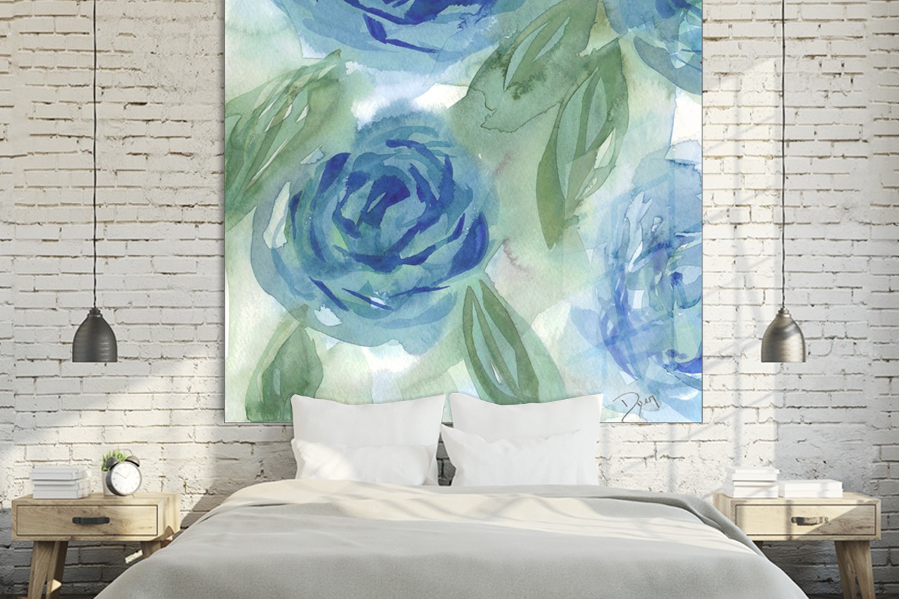 Schilderij met de kleuren blauw, groen en wit van geweldige bloemen van Beverly Dyer met als titel Bleu green roses I.