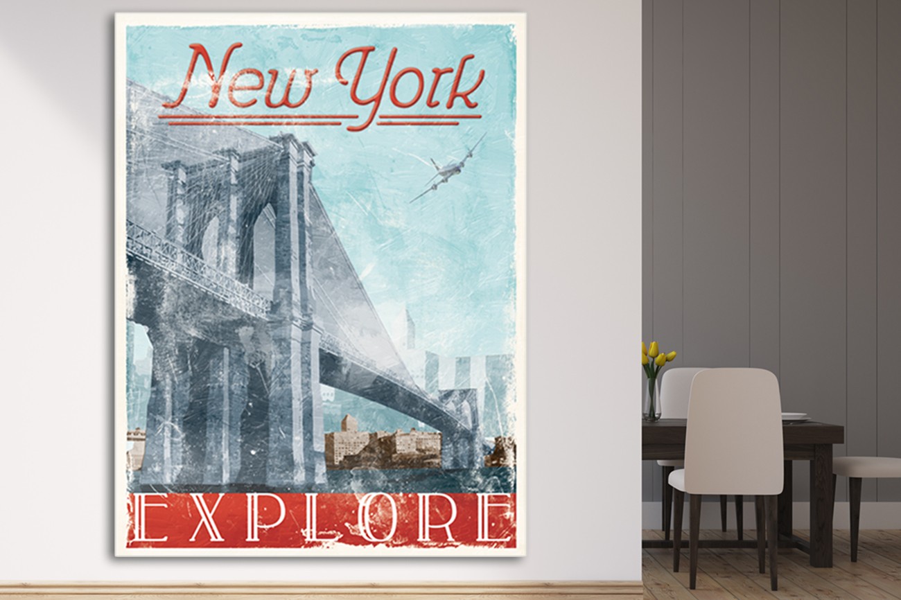Schilderij van de Brooklyn Bridge in New York van Jace Grey met als titel Lets travel to New York op textieldoek.