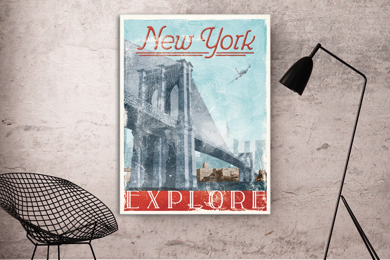 Schilderij van de Brooklyn Bridge in New York van Jace Grey met als titel Lets travel to New York op textieldoek.