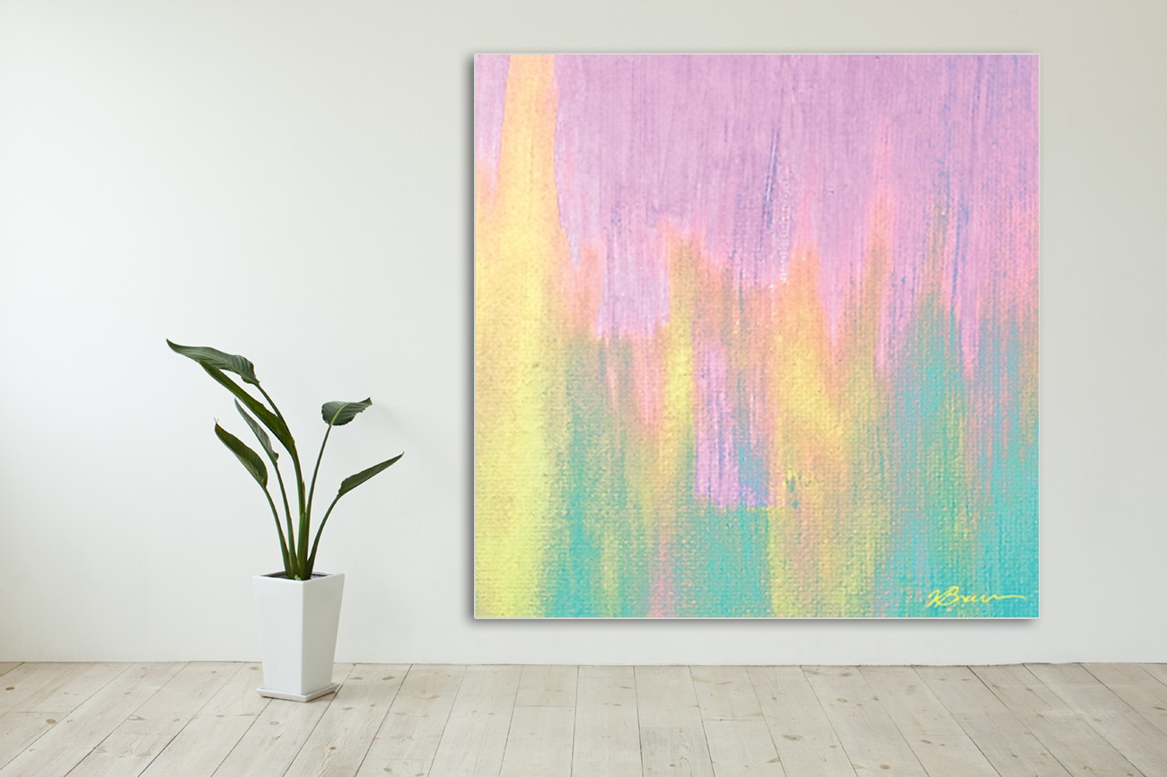 Schilderij met overlopende kleuren roze, geel en groen van Victoria Brown met als titel Cotton candy IV op textieldoek.