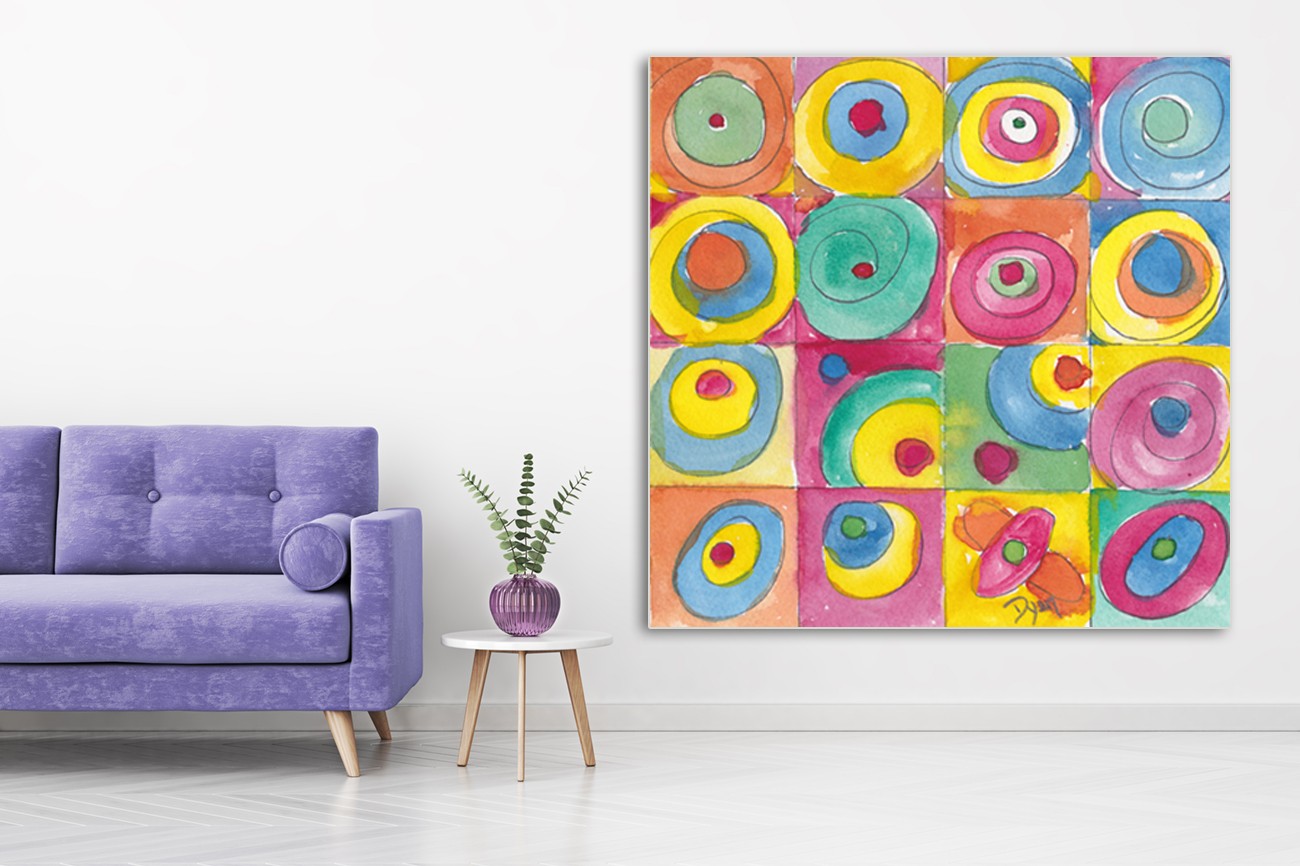 Super schilderij met mooie velle kleuren van Beverly Dyer met als titel To group I op textieldoek.