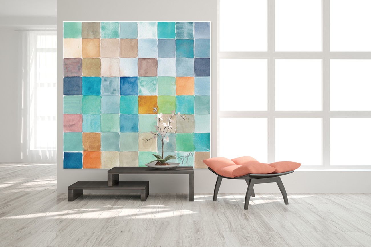 Schilderij met allemaal kleuren vierkantjes van Beverly Dyer met als titel The group II op textieldoek