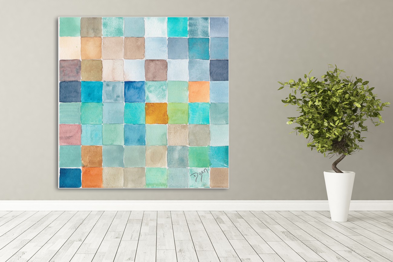 Schilderij met allemaal kleuren vierkantjes van Beverly Dyer met als titel The group II op textieldoek