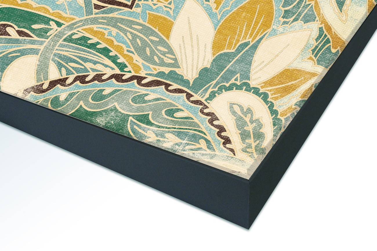 Close up textieldoek in frame gemonteerd zwart