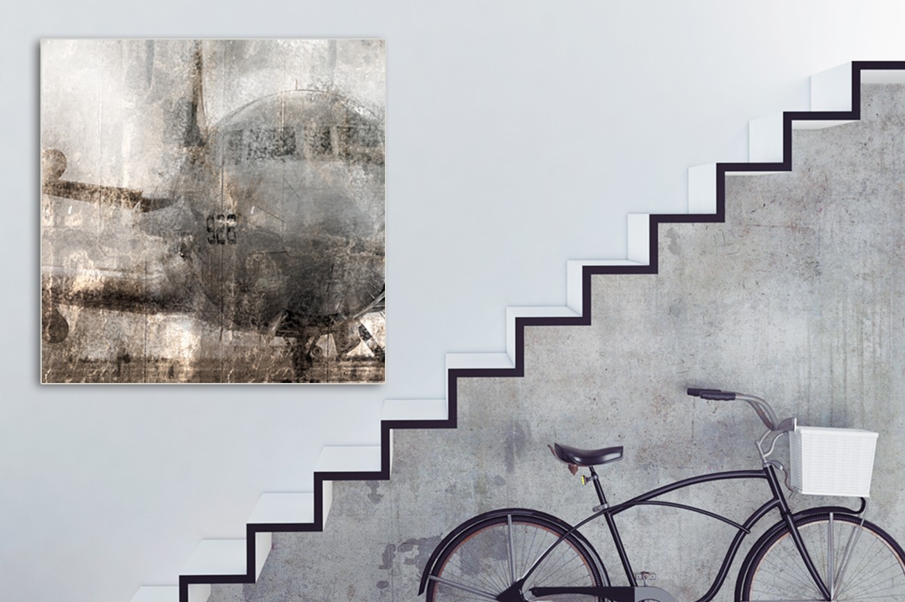 Vervaagd vliegtuin in in het grijs met zwart, wit van Kimberly Allen met als titel Aircraft op textieldoek