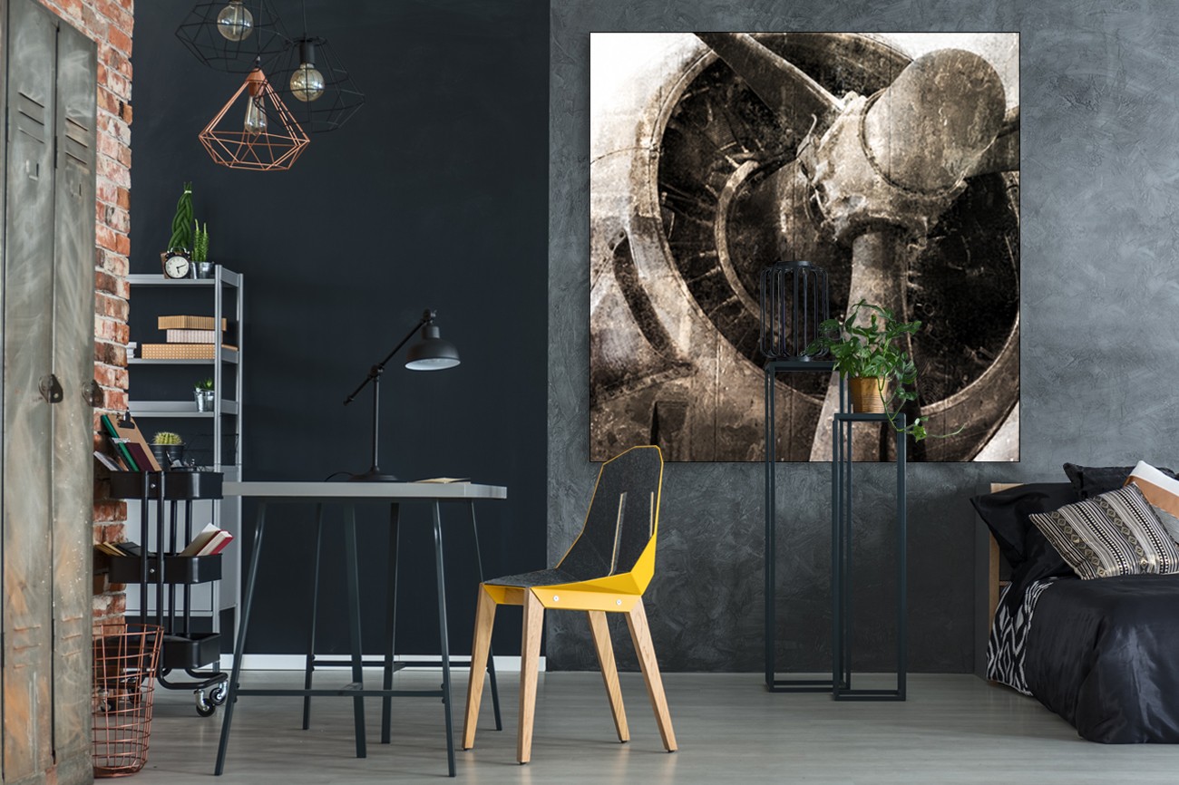 Schilderij van de motor van een vliegtuig van Kimberly Allen met als titel Aircraft II op textieldoek