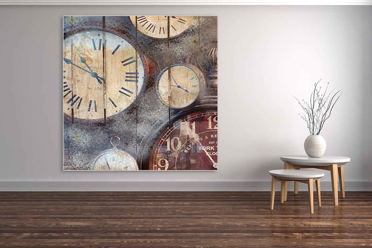 Prachtig schilderij met klokken met de kleuren wit, grijs en bruin van Kimberly Allen met als titel In time I op textieldoek