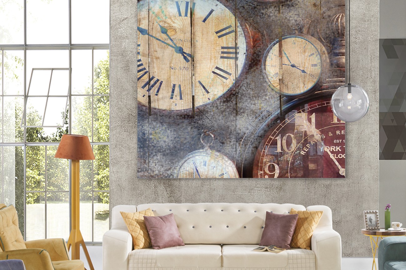 Prachtig schilderij met klokken met de kleuren wit, grijs en bruin van Kimberly Allen met als titel In time I op textieldoek