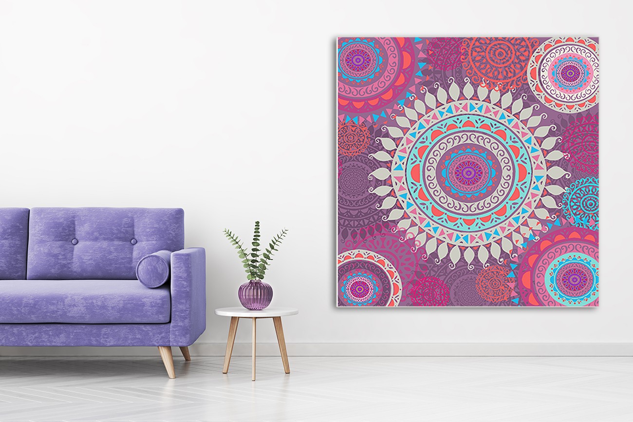 Verschillende ronde en kleurrijke figuurtjes bij elkaar van Ophelia & Co met als titel Boho spheres III op textieldoek.