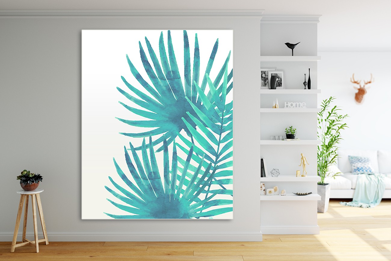Schilderij met licht blauwe balmboombladeren aan de rechterkant van Kimberly Allen met als titel In the summer 2 op textieldoek.